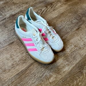 Adidas White Sneakers with Pink Stripes